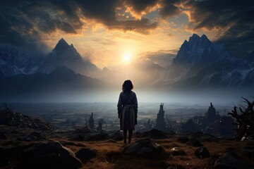 Nature of Pakistan. Woman stands on a mountain top, looking out at the horizon. The sky is filled with clouds and the sun is setting, casting a warm glow over the landscape.