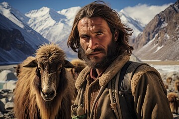 Man stands in front of a goat, wearing a brown coat and a beard. The scene is set in a mountainous area, with snow-covered peaks in the background.