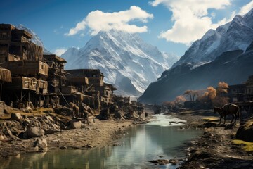 Landscape of Pakistan. The river flows through a valley with several houses on the banks. Horse by...