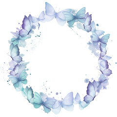 Butterflies. Watercolor circle wreath or frame with illustration of delicate blue and purple butterflies with watercolor abstract splashes stains. Isolated. For design postcard, invitation