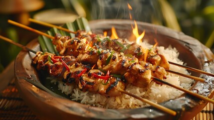 Grilled chicken skewers served on bamboo sticks, resting on a bed of fragrant jasmine rice