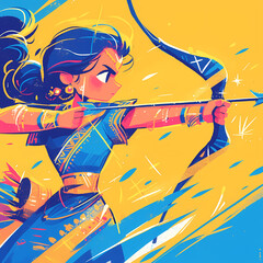 Detailed Archery Warrior Illustration with Dynamic Pose and Focused Expression - Perfect for Ram Navami Celebrations or Fantasy Game Artwork - obrazy, fototapety, plakaty