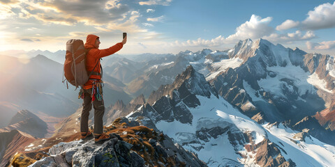 a man holding phone searching for signals on mountains , A mountaineer stands on a snowy mountain top holding phone - Powered by Adobe