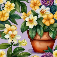 A watercolor painting of a potted flowers with a friendly face, surrounded by colorful blooming flowers