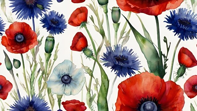 Red poppies and blue forgetmenots painted in watercolor. watercolour  popy flower backgroundRed poppies and blue forgetmenots painted in watercolor. 