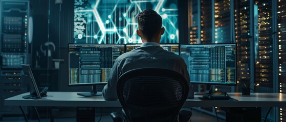 Professional IT programmer using desktop computer with three displays working on software and hardware development. Displays show blockchain and data network architecture concepts.