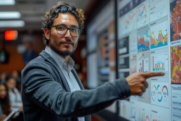 Confident male professional pointing out data analytics on a digital screen during a business presentation