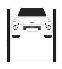 Car on elevator black and white 2D line cartoon object. Equipment for auto diagnostic in service shop isolated vector outline item. Vehicle repair technology monochromatic flat spot illustration