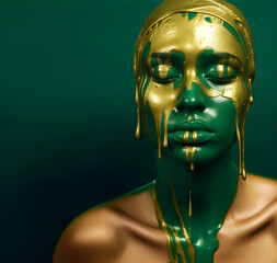 Fashion Concept. Closeup portrait of woman girl in green gold flowing fluid gel paint dripping. illuminated with dynamic composition light. sensual, mysterious, advertisement, copy text space - obrazy, fototapety, plakaty