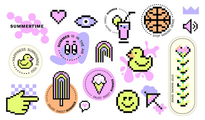 Pixel art Y2k Summer retro sticker pack. Funny naive summertime design elements. 8bit game icons for gen Z and Kids Print with Nice Text for cover, t-shirt. Hand drawn shape, pixelated ice-cream, duck