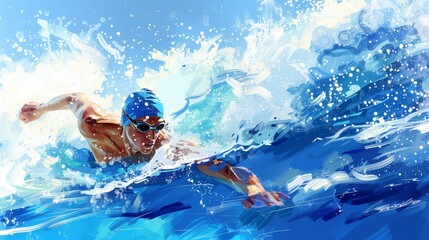 A digital painting of an purposeful male athlete swimmer floating in the pool and splashing water, against the backdrop of abstract blue waves and bright splashes.