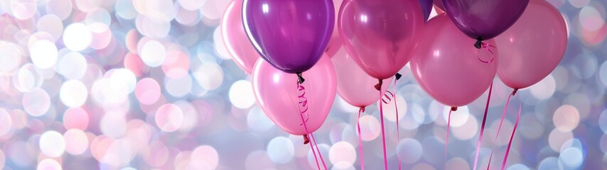 A balloons in pink and purple shades on an abstract background with bokeh with copy space. Banner.