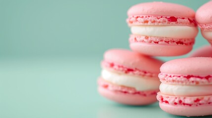 Close-up several pink macarons with white cream filling, on a pastel mint green background.