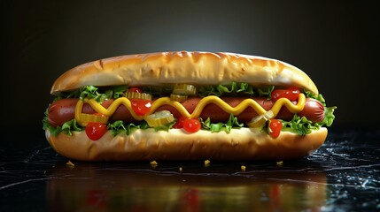 Hot dog with mustard and ketchup on dark background. Front view.