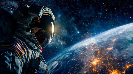 Astronaut in a space suit is looking down at the Earth from space