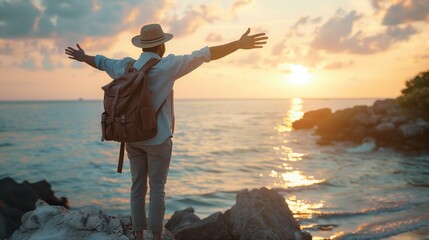 Back view of a happy young man with a backpack with arms outstretched enjoying the sea and sunset at the beach, depicting a travel concept.