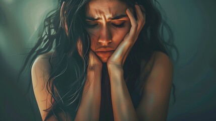 AI generated illustration of a distressed woman feeling overwhelmed, stressed and depressed - obrazy, fototapety, plakaty