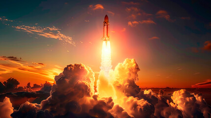 A rocket is launching into the sky, with the sun setting in the background - Powered by Adobe