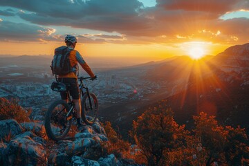 Golden hour lights up the city below as a mountain biker takes in the view from a rocky vantage point, evoking adventure