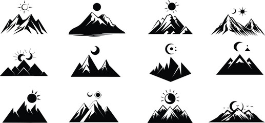 A collection of simple yet elegant vector icons showcasing mountains with various celestial elements, perfect for nature and 