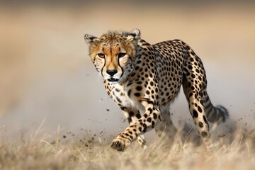 Fototapeta premium A cheetah in mid stride muscles tensed and focused on its prey.