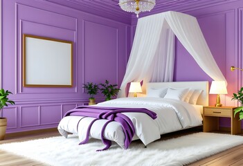 Picture frame mockup with blank canvas in Bedroom for home interior design