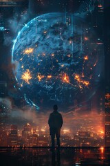 Global business concept with man on background of night city skyline  with planet earth, vertical illustration