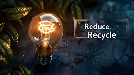 single light bulb glowing brightly against a dark background, with the words Reduce, Reuse, Recycle