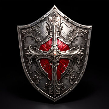 silver shield bearing a red cross with a red upright sword in the first quarter