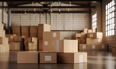 a large stack of cardboard boxes inside warehouse. Forklift in the large modern warehouse. An example of self storage is empty cardboard boxes in a garage or warehouse