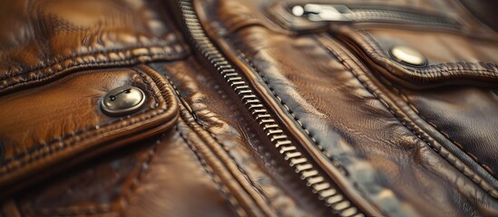 Closeup of a Weathered Leather Jacket Undergoing Inspection for Stitching and Hardware