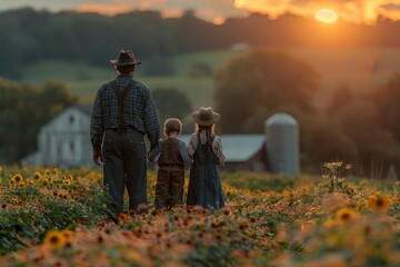 A family in traditional attire stands among sunflowers looking at a sunset, exuding a sense of tranquility and togetherness, with an old barn in the background