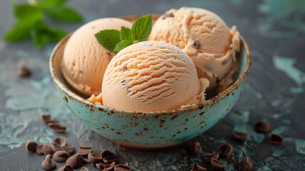 a bowl of ice creams with chocolate chips on the side. generativa IA