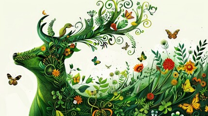 A green deer covered in vibrant flowers and accompanied by fluttering butterflies
