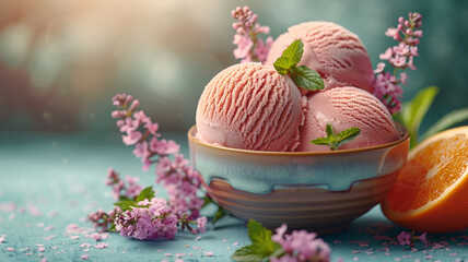 a bowl of ice creams with a purple flower in the background. generativa IA
