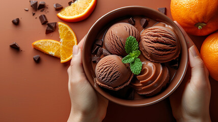 a bowl of ice cream with a person holding a bowl of ice cream and oranges. generativa IA
