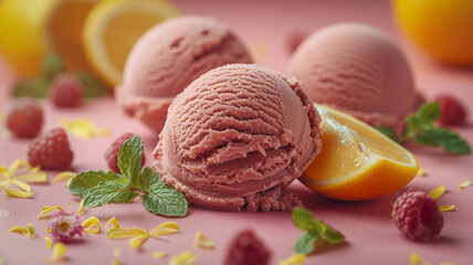 a group of ice creams with mint leaves on a pink background. generativa IA