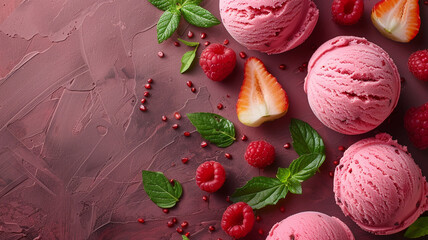 a pink ice cream with raspberries and mint leaves. generativa IA