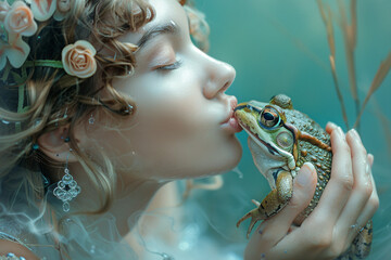 Kiss a frog concept, a beautiful fairy-like woman kissing a frog in the hopes he will turn into a prince