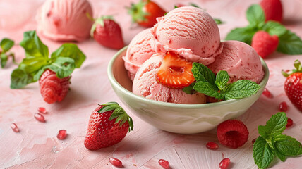 a bowl of ice cream with strawberries and strawberries on a pink background. generativa IA