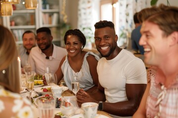 Cheerful friends having fun at dining table during dinner party