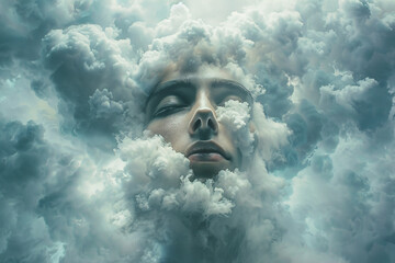 Head in the clouds concept, a man's face breaking through a cloud, daydreaming, absentminded, distracted, not paying attention