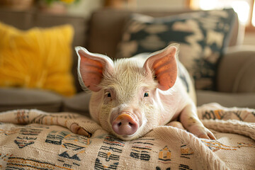 A cute pet pig lying on the sofa