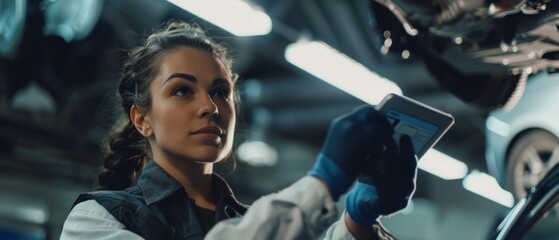 Under a vehicle in a car service, a mechanic speaks to a manager. A specialist uses a tablet computer to show the information. A female mechanic wears gloves and safety gloves. - Powered by Adobe