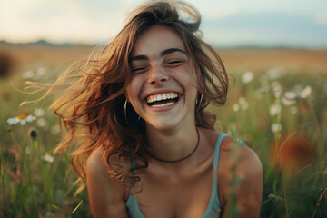 A joyful young woman laughing in a flower field at sunset, summer feelings