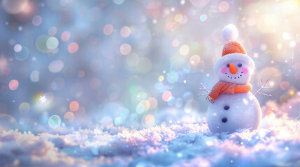Illustration of a cute, cheerful snowman on a light background with bokeh. Christmas or New Year's mood. - obrazy, fototapety, plakaty