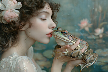 A princess kissing a frog in the water