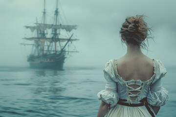 A woman wearing a white a 18th-century dress, waiting for a ship to arrive on a cloudy misty day