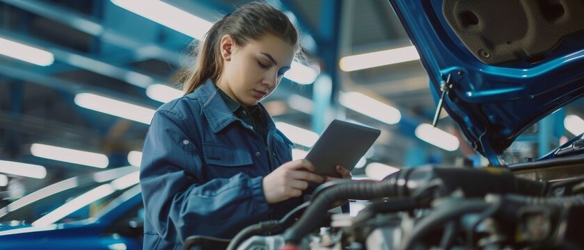 Female student inspects the car engine under the instructions of an instructor with a tablet computer. Assistant is examining the cause of a break down in the vehicle in a car service.