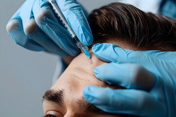 Doctor Examining Male Patient's Forehead for Hair Loss Issue on Grey Background